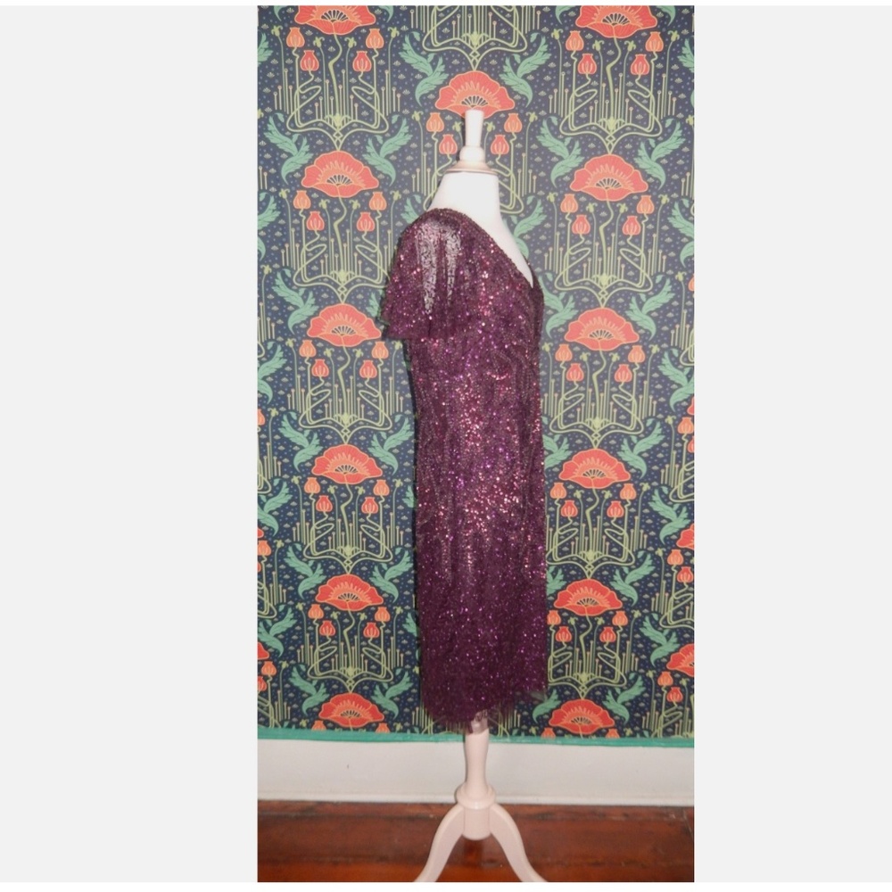 Adrianna Papell Plum Purple Beaded Sequin Flutter Sleeve Cocktail Dress - Picture 8 of 9